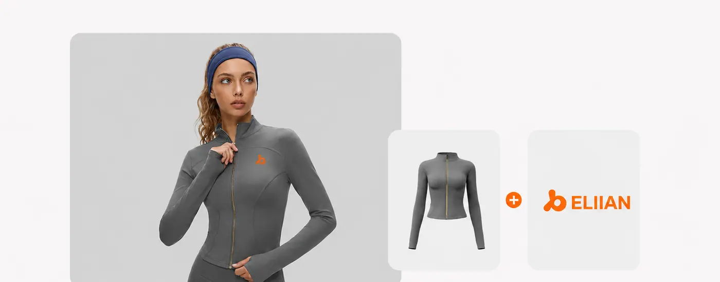 Free mockup service — an Eliian sample garment rendered with a customer's own brand logo before sampling