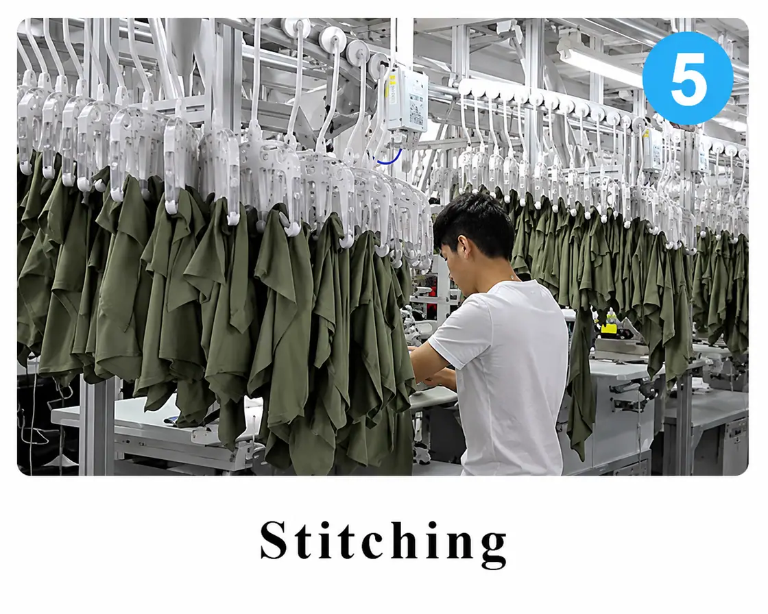Stitching — step 05 of custom activewear production at the Eliian factory