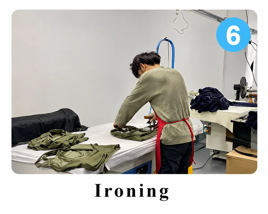 Ironing — step 06 of custom activewear production at the Eliian factory